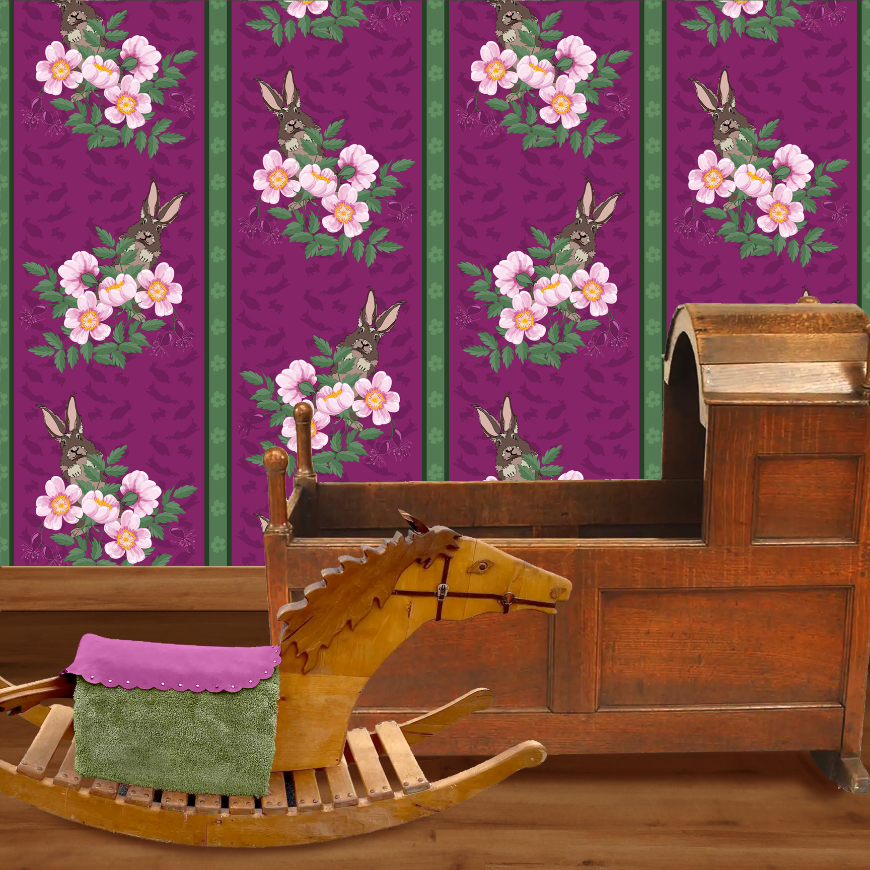 The artwork depicts a stylized brown hare partially concealed behind a cluster of green leaves and pink flowers with yellow centers. The background is dark green with subtle leafy patterns. Two vertical stripes—one dark purple and one green with small floral motifs—run along the left side, contrasting with the otherwise naturalistic elements. The composition balances the lively flora and fauna with a decorative, patterned design. The wallpaper design is shown in a Mission style nursery.